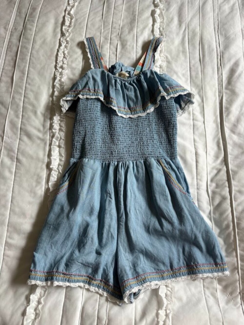 Matilda Jane Dream Chasers Picnic In The Park Romper Denim Blue Smocked Size 12